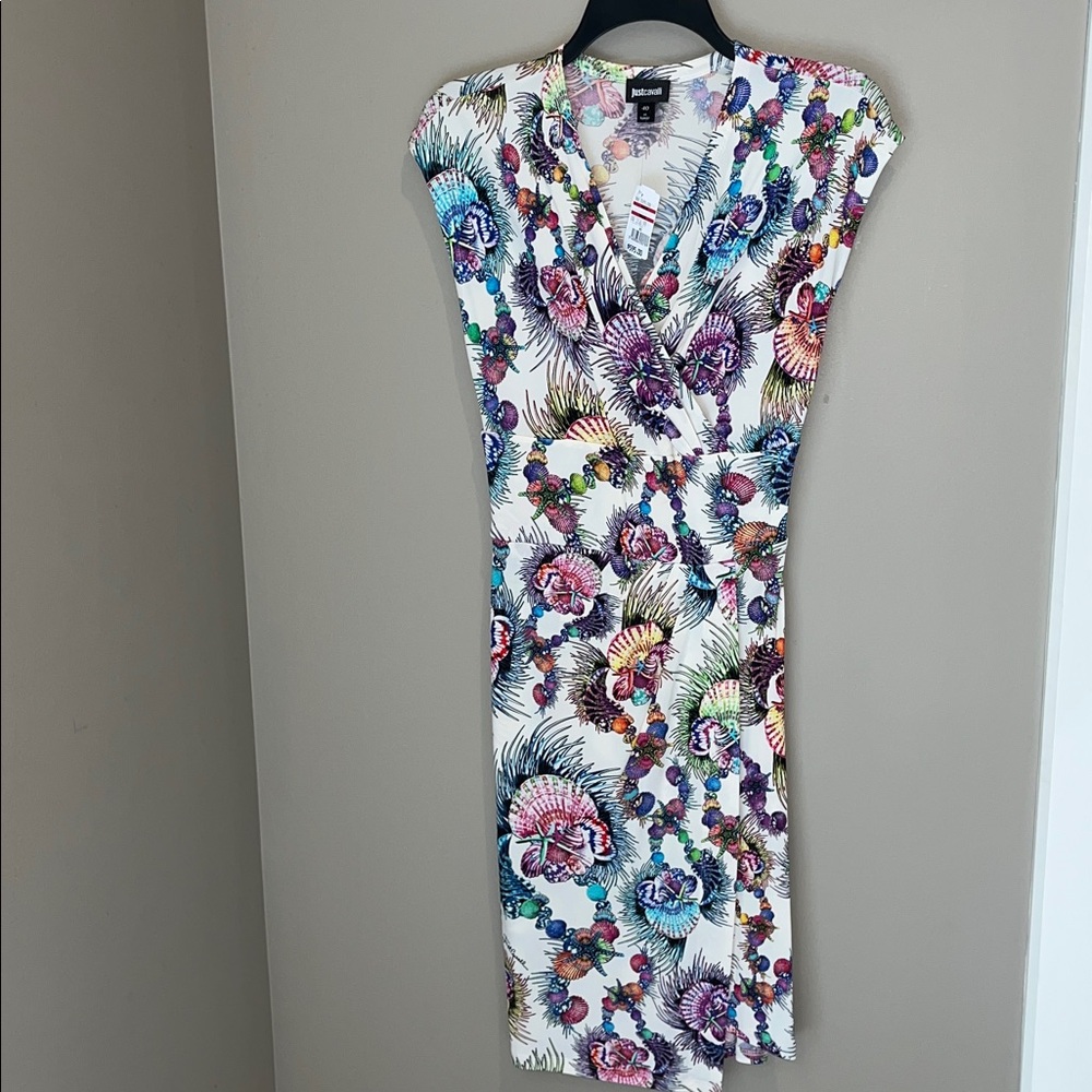 Just Cavalli Colorful Tropical Shell Floral Midi Wrap Dress Size XS 40 NWT